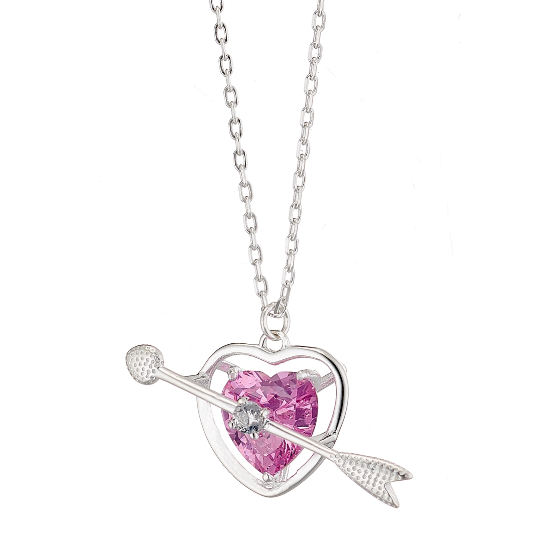 Oxzen ασημένιο κολιέ 925 καρδιά με βέλος και ροζ πέτρα ζιργκόν