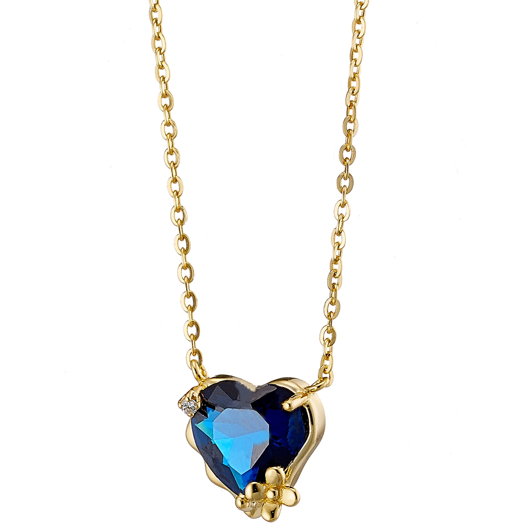 Oxzen ασημένιο κολιέ 925 επιχρυσωμένο καρδιά με μπλε πέτρα