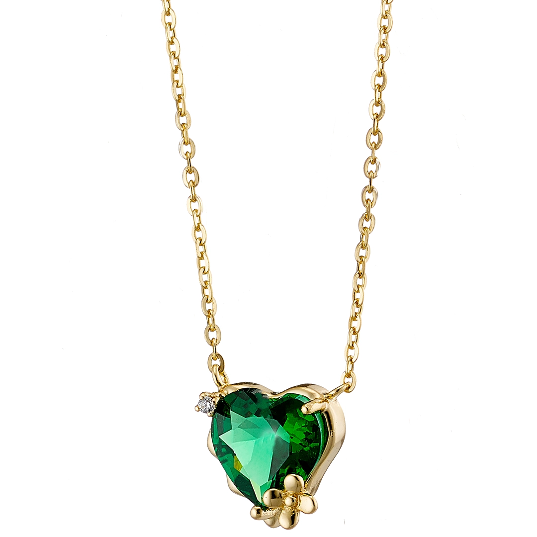 Oxzen ασημένιο κολιέ 925 επιχρυσωμένο καρδιά με πράσινη πέτρα
