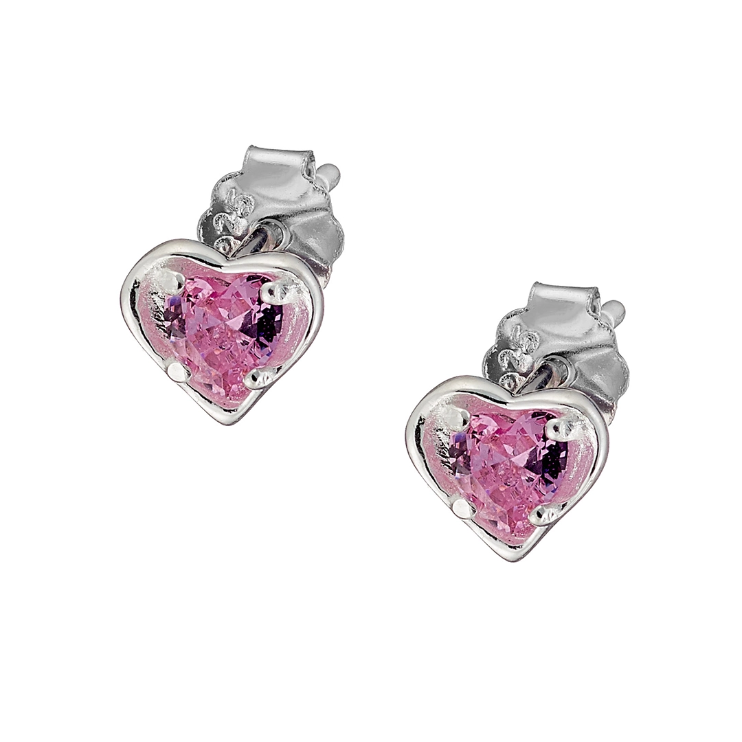 Oxzen ασημένιο σκουλαρίκι επιπλατινωμένο καρφωτό με ροζ καρδιά ζιρκόν