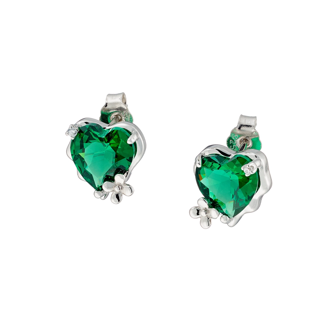 Oxzen σκουλαρίκια καρφωτά ασημένια 925 επιπλατινωμένα με πράσινη καρδιά