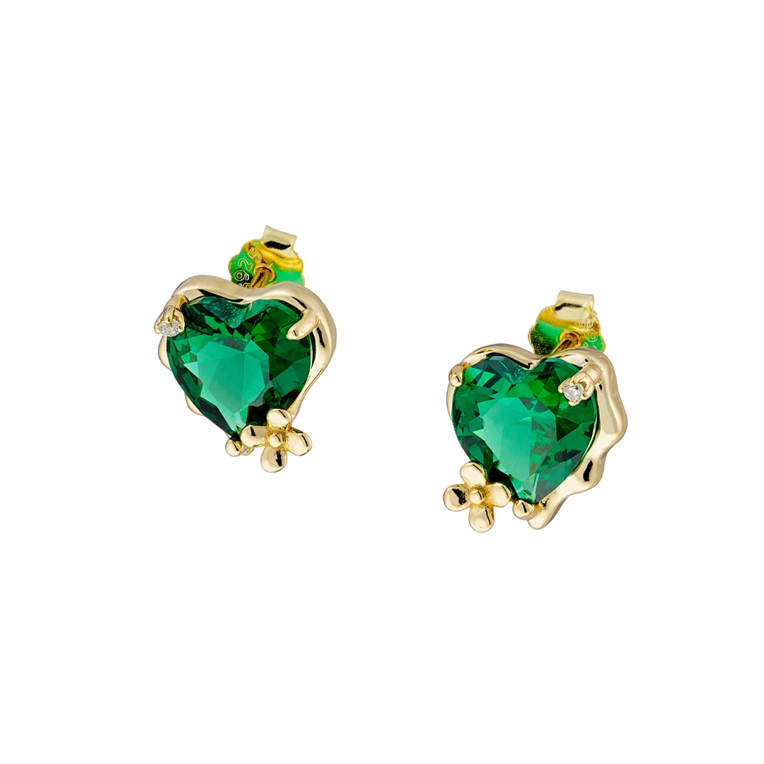 Oxzen σκουλαρίκια καρφωτά ασημένια 925 επιχρυσωμένα με πράσινη καρδιά