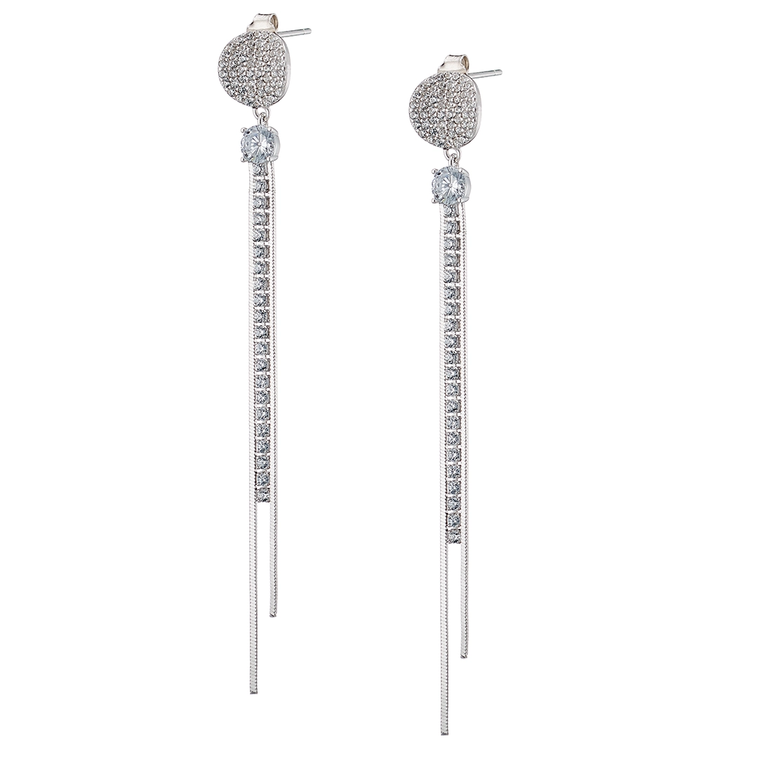 Oxzen σκουλαρίκια κρεμαστά ασημένια 925 επιπλατινωμένα με αλυσίδες και λευκά ζιργκόν