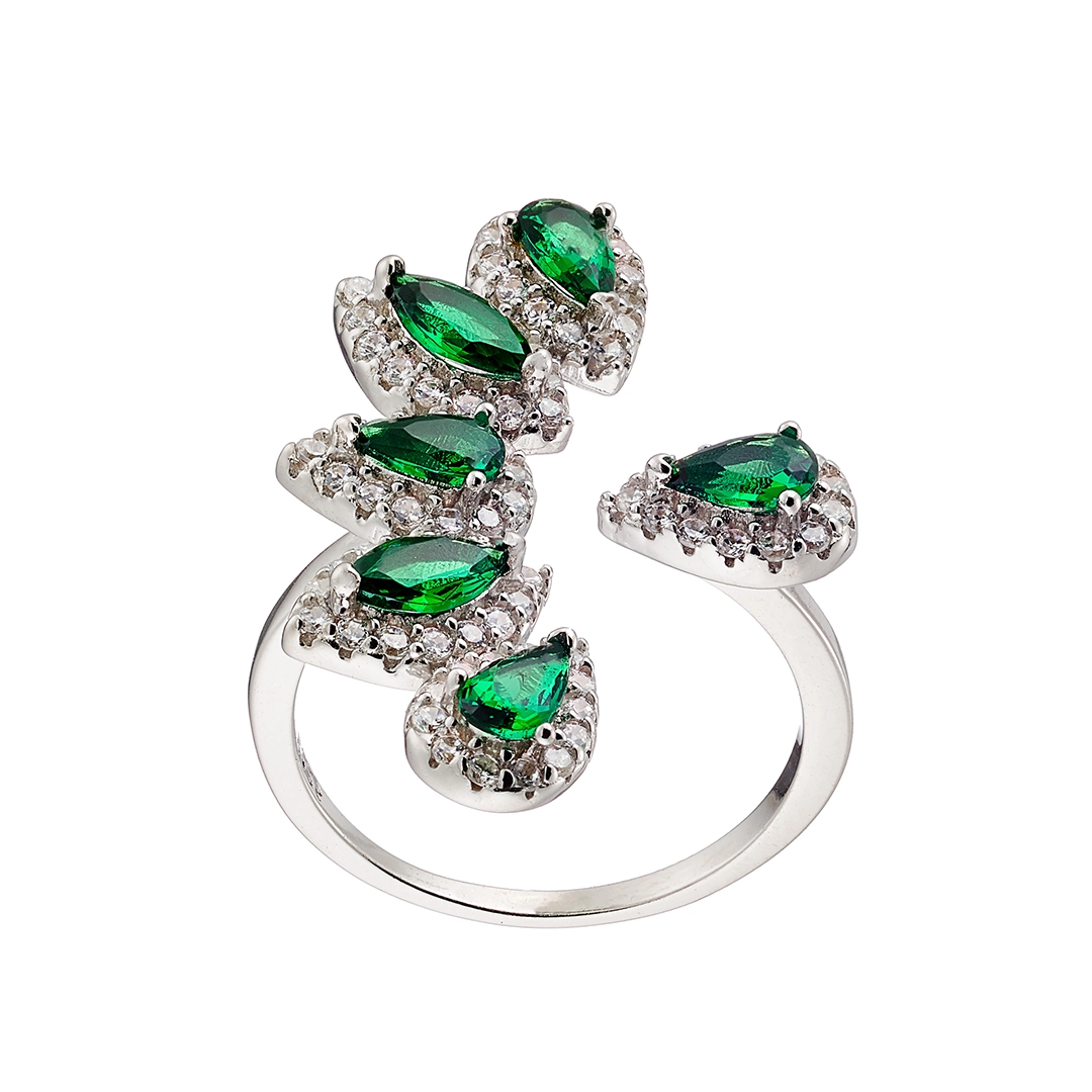 Oxzen δαχτυλίδι ασημένιο επιπλατινωμένο ανοιχτό με πράσινα και λευκά ζιργκόν