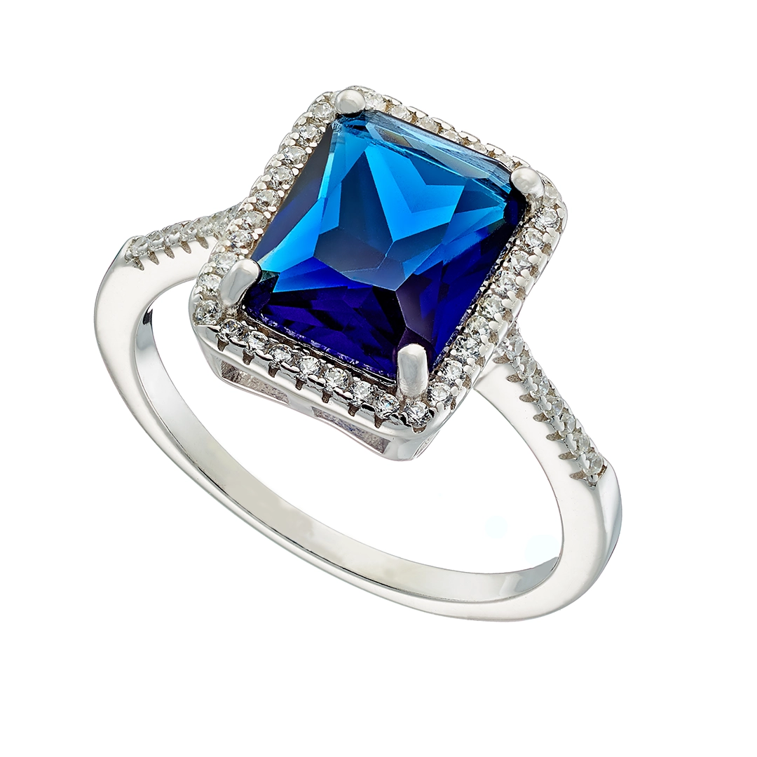 Oxzen ασημένιο δαχτυλίδι επιπλατινωμένο με μπλε ορθογώνιο ζιργκόν