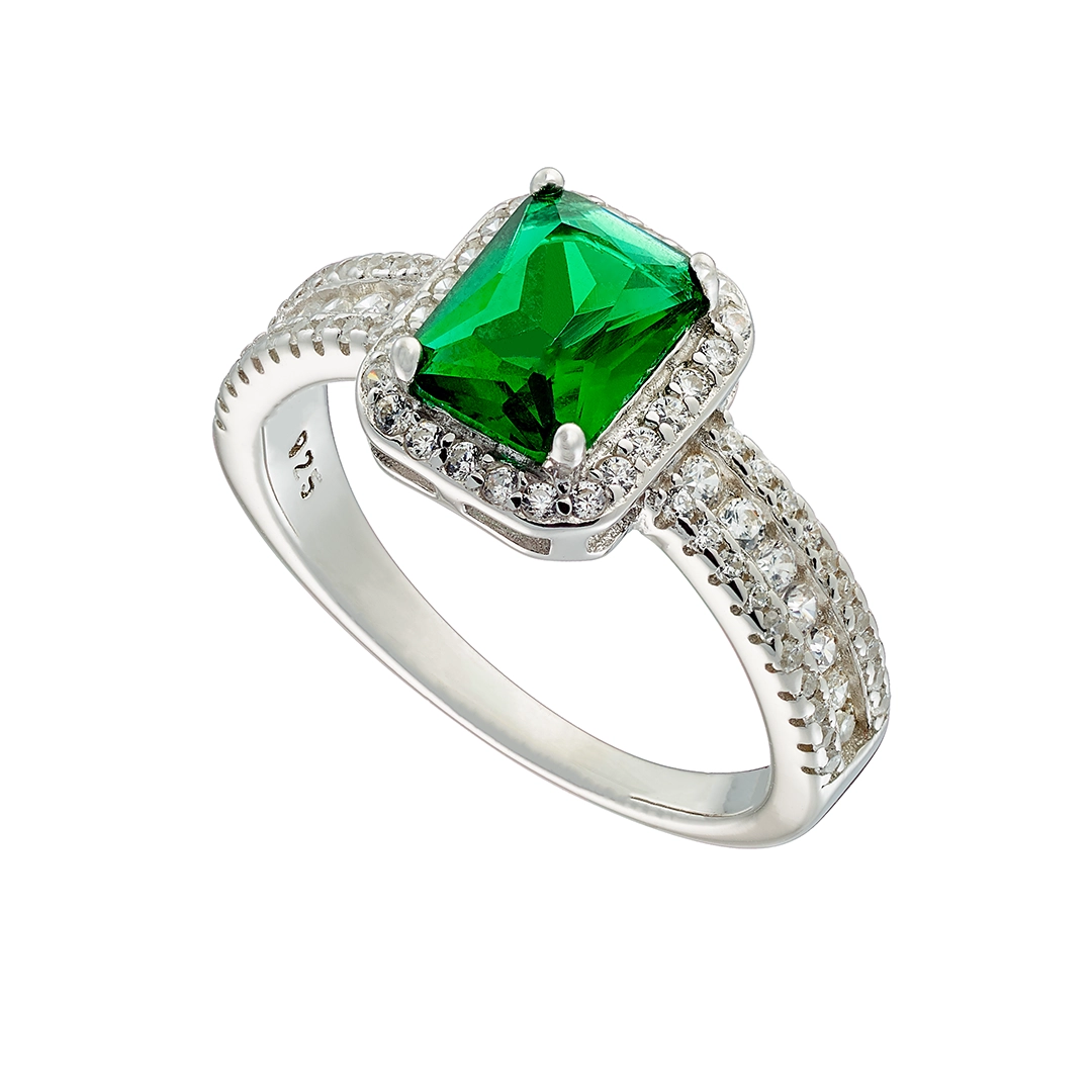 Oxzen ασημένιο δαχτυλίδι επιπλατινωμένο με πράσινο ορθογώνιο ζιργκόν