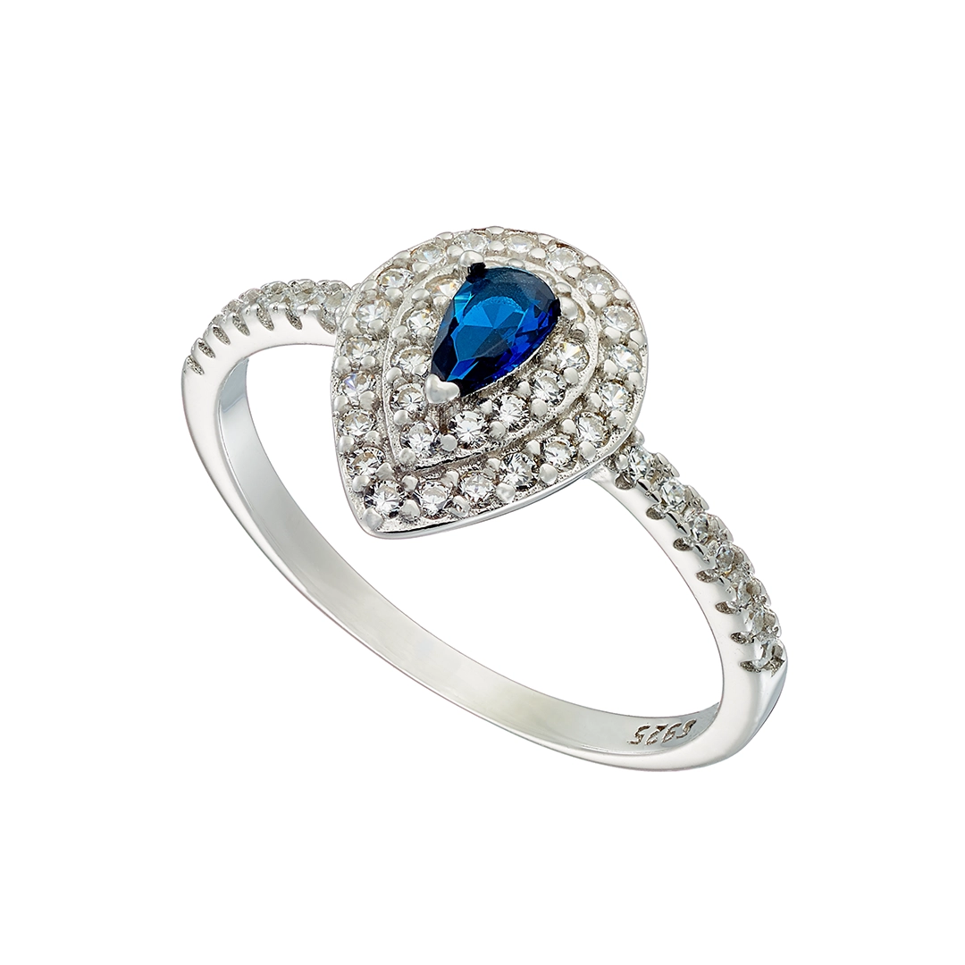 Oxzen ασημένιο δαχτυλίδι 925 επιπλατινωμένο δάκρυ με μπλε και λευκά ζιργκόν