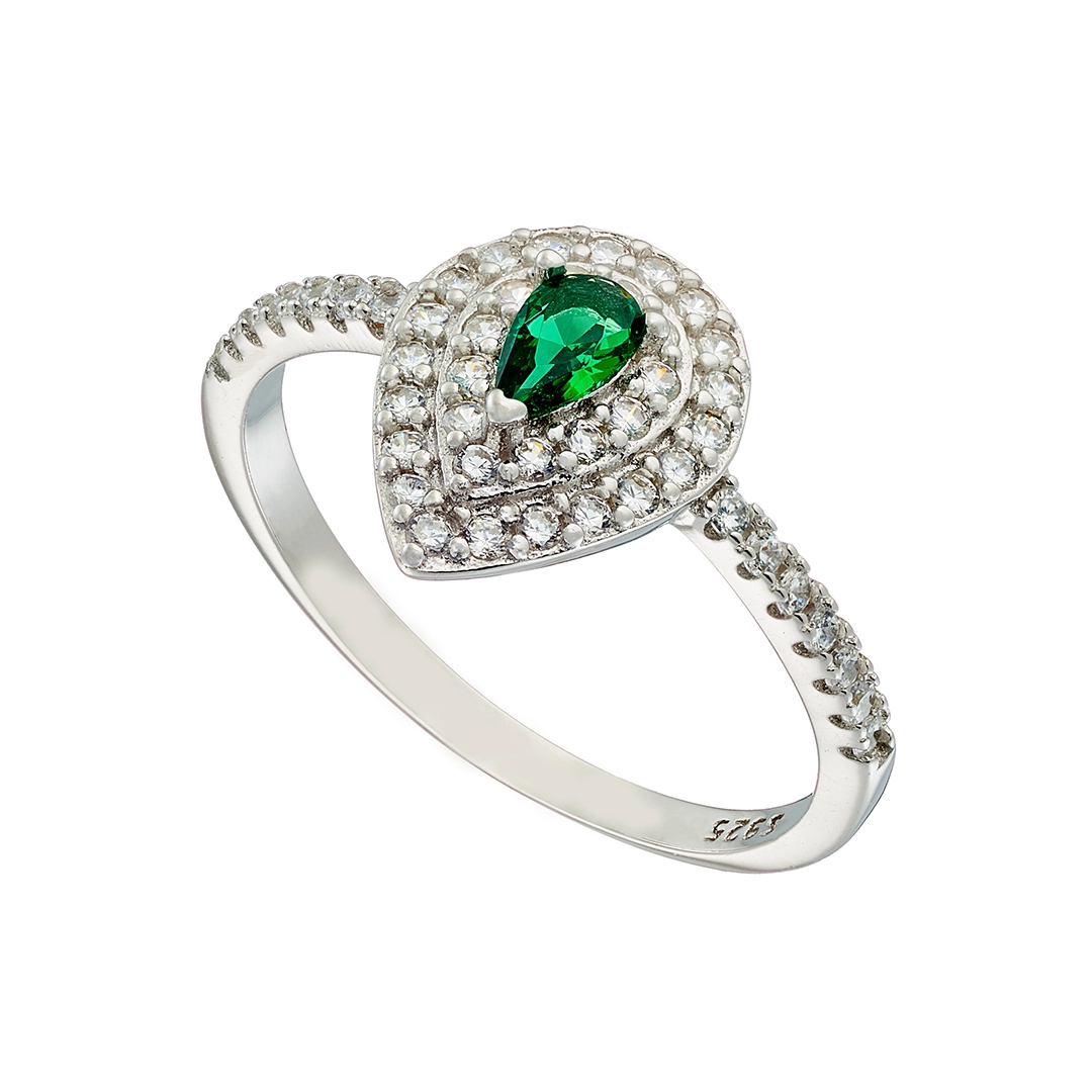 Oxzen ασημένιο δαχτυλίδι 925 επιπλατινωμένο δάκρυ με πράσινα και λευκά ζιργκόν