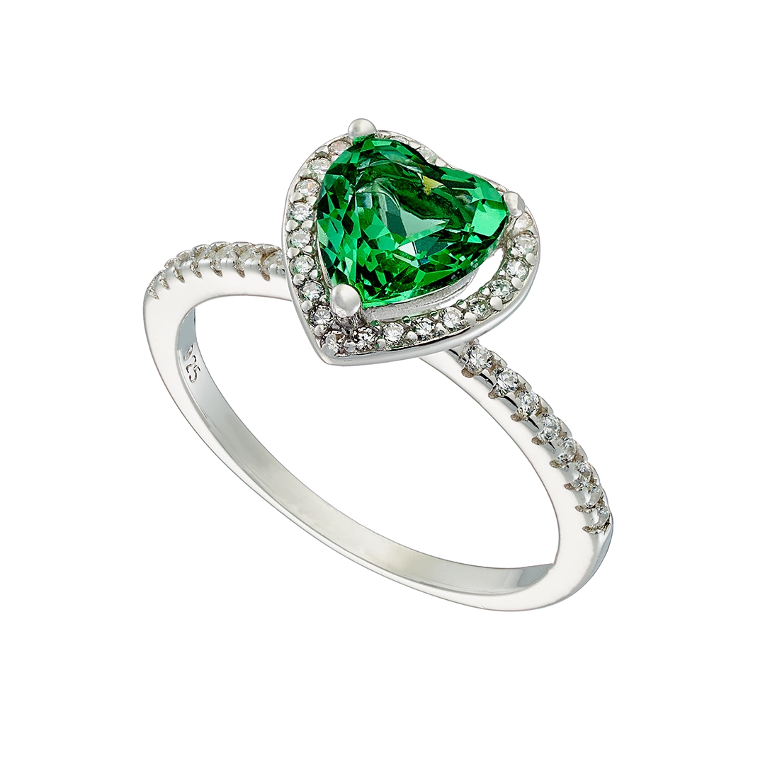 Oxzen ασημένιο δαχτυλίδι 925 επιπλατινωμένο με πράσινη καρδιά ζιργκόν