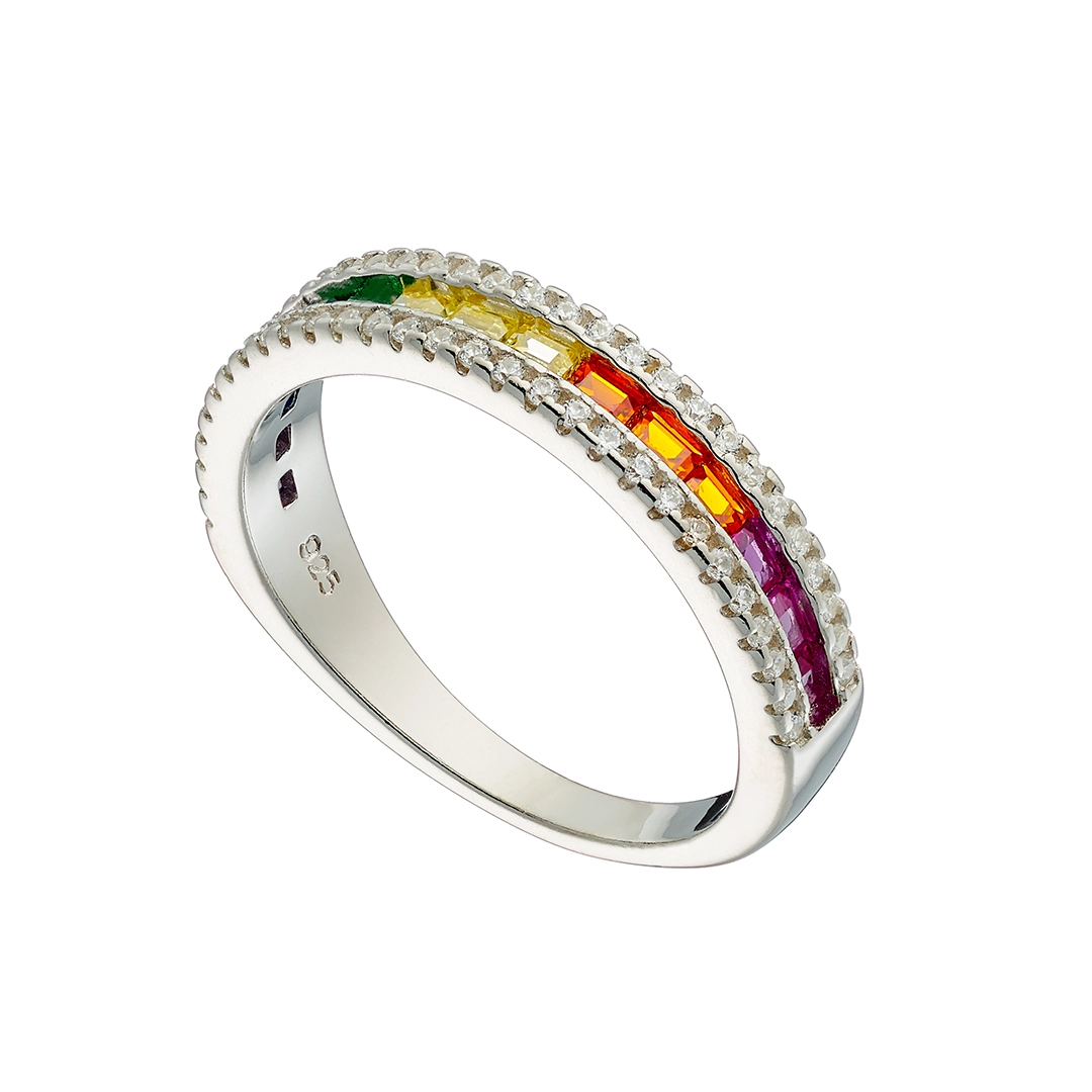 Oxzen ασημένιο δαχτυλίδι 925 επιπλατινωμένο σειρέ με πολύχρωμα ζιργκόν
