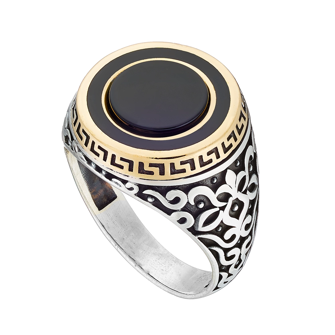 Oxzen δαχτυλίδι ανδρικό από ασήμι 925, ασημόχρυσο με πέτρα αχάτη