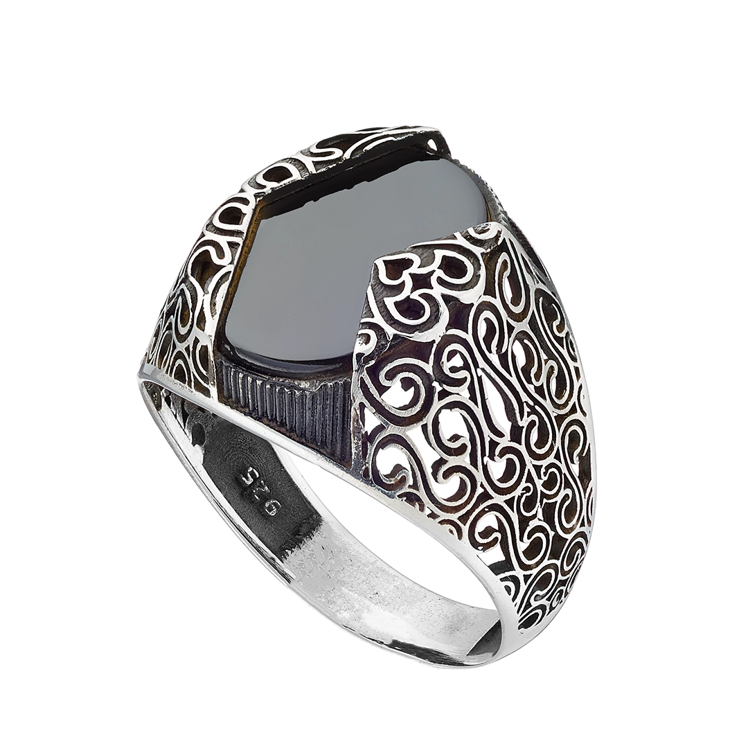 Oxzen δαχτυλίδι ανδρικό ασημένιο, σκαλιστό με μαύρο αχάτη