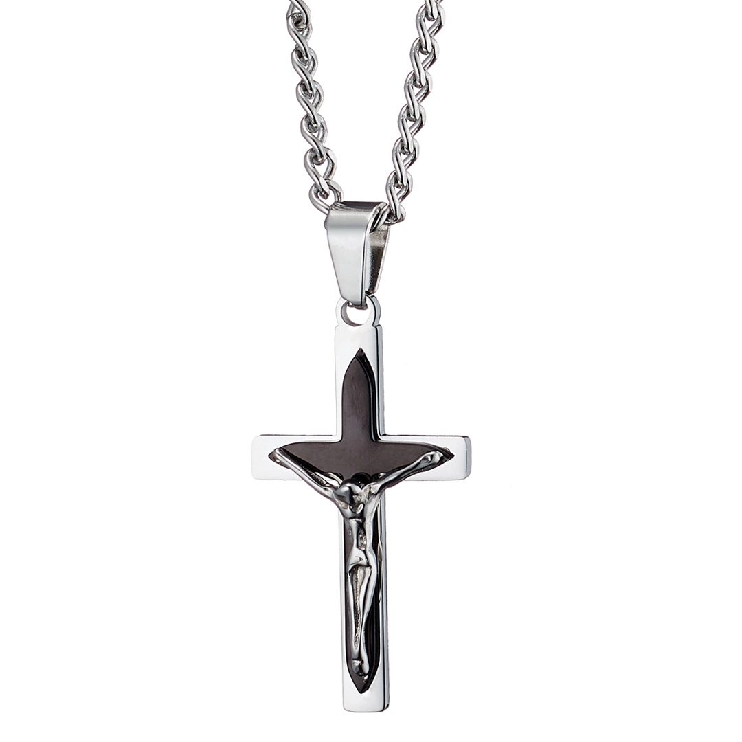 Oxzen ανδρικός σταυρός με αλυσίδα από ανοξείδωτο ατσάλι με τον Εσταυρωμένο σε ασημί και μάυρο