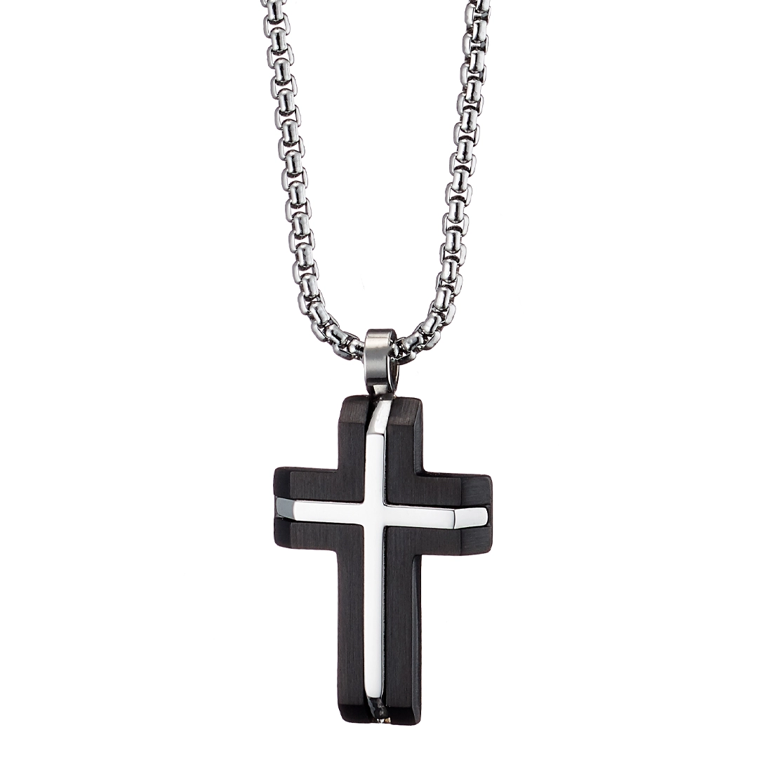 Oxzen ανδρικός σταυρός με αλυσίδα από ανοξείδωτο ατσάλι σε ασημί και μαύρο