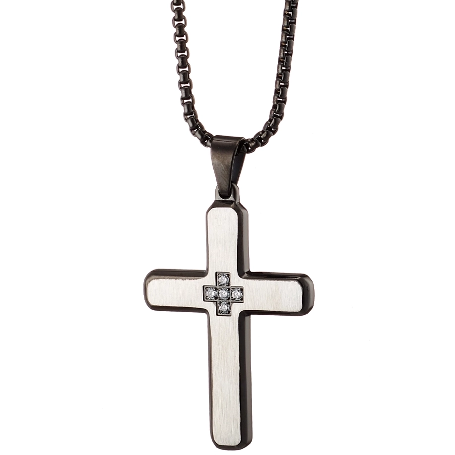 Oxzen ανδρικός σταυρός με αλυσίδα από ανοξείδωτο ατσάλι ασημί με μαύρο και πέτρες ζιργκόν