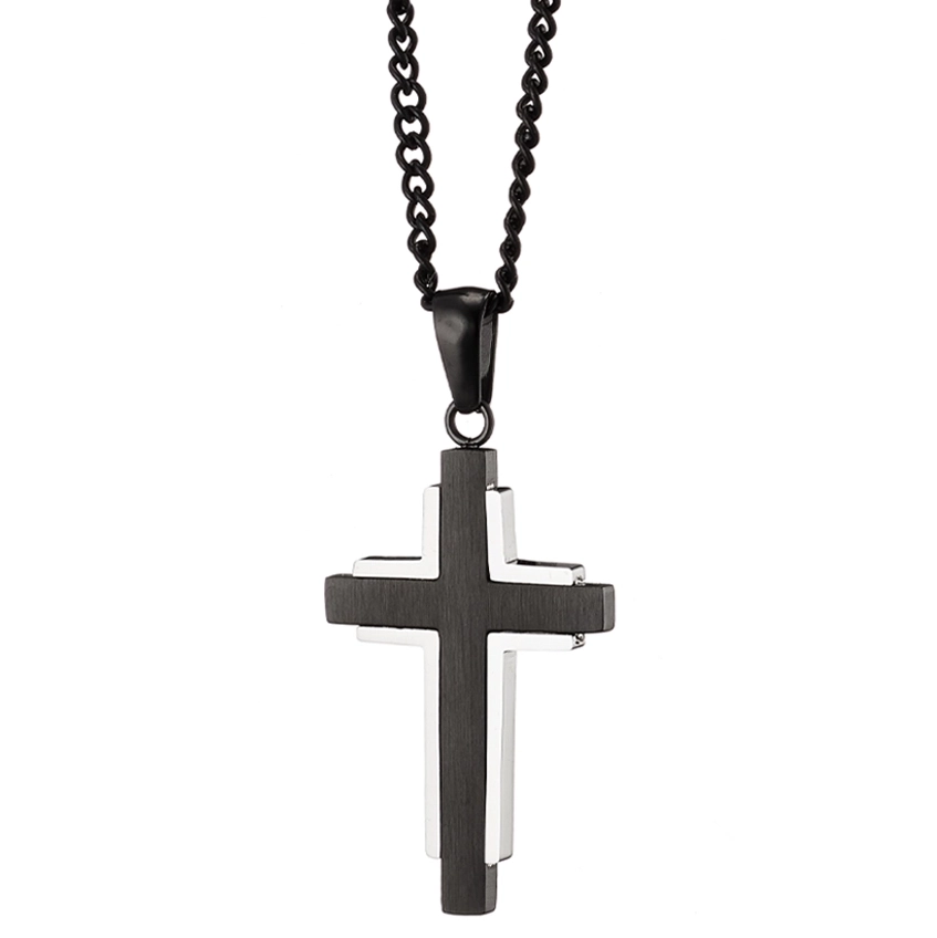 Oxzen ανδρικός σταυρός με αλυσίδα από ανοξείδωτο ατσάλι ασημί με μαύρο