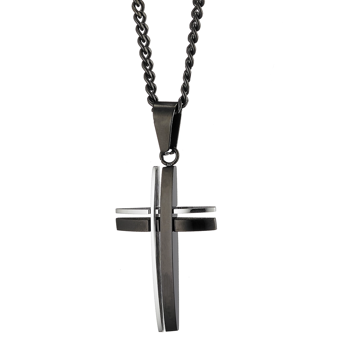 Κολιέ σταυρός με αλυσίδα ατσάλι 316L σε μαύρο