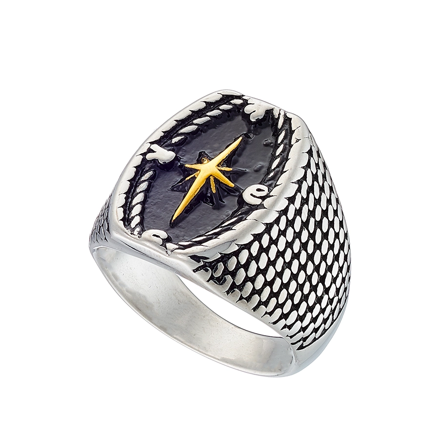 Δαχτυλίδι ανδρικό από ανοξείδωτο ατσάλι, ασημόχρυσο με αστέρι