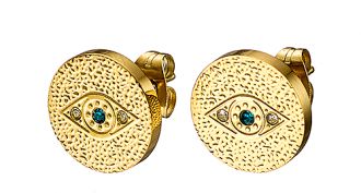 Σκουλαρίκια καρφωτά ατσάλινα σε χρυσό ματάκι με γαλάζιες πέτρες