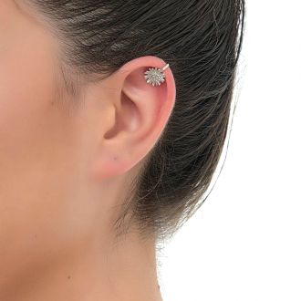 Oxzen σκουλαρίκι ασημένιο 925 επιπλατινωμένο ear cuff με λουλούδι