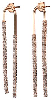 Oxzen σκουλαρίκια κρεμαστά ασημένια 925 σε ροζ χρυσό διπλά με πέτρες ζιργκόν