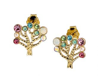Oxzen σκουλαρίκια καρφωτά ασημένια 925 σε χρυσό δέντρο της ζωής με πολύχρωμες πέτρες ζιργκόν