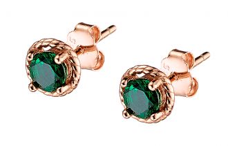 Oxzen σκουλαρίκια καρφωτά ασημένια 925 σε ροζ χρυσό με πράσινη πέτρα ζιργκόν