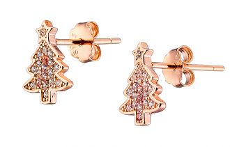 Oxzen σκουλαρίκια καρφωτά ασημένια 925 σε ροζ χρυσό χριστουγεννιάτικο δέντρο με πέτρες ζιργκόν