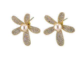 Oxzen σκουλαρίκια καρφωτά ασημένια 925 σε χρυσό λουλούδι μεγάλο με μαργαριτάρι