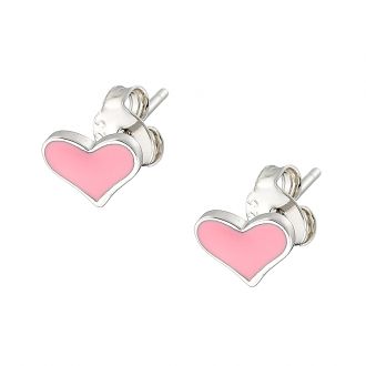Oxzen σκουλαρίκια καρφωτά ασημένια 925 επιπλατινωμένα μικρή καρδιά με ροζ σμάλτο