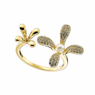 Oxzen δαχτυλίδι ασημένιο 925 σε χρυσό, με ζιργκόν λουλούδι και πέρλα free size