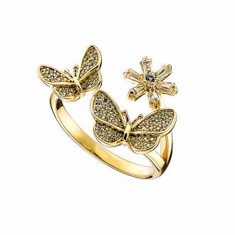 Oxzen δαχτυλίδι ασημένιο 925 σε χρυσό, διπλό με πεταλούδες, free size
