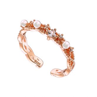 Oxzen δαχτυλίδι ασημένιο σε ροζ χρυσό, με περλίτσες και λευκά ζιργκόν free size