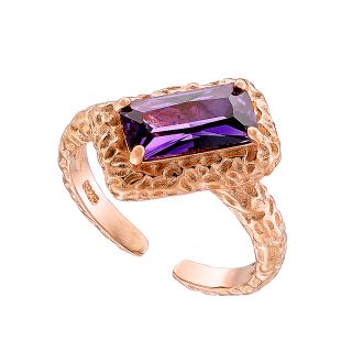 Oxzen δαχτυλίδι ασημένιο σε ροζ χρυσό, με  πέτρα καρέ μωβ ζιργκόν free size