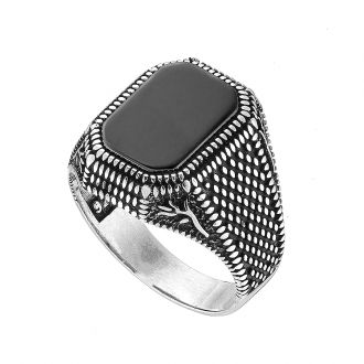 Oxzen ανδρικό δαχτυλίδι ασημένιο, με ορθογώνια πέτρα μαύρο αχάτη