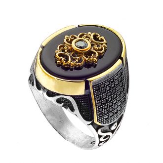 Oxzen ανδρικό δαχτυλίδι από ασήμι 925 επιχρυσωμένο σκαλιστό με μαύρο αχάτη και μαύρα ζιργκόν