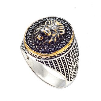 Oxzen ανδρικό δαχτυλίδι από ασήμι 925 επιχρυσωμένο με λιοντάρι και μαύρα ζιργκόν