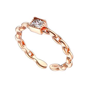 Oxzen δαχτυλίδι από ασήμι 925 σε ροζ χρυσό, μονόπετρο με λευκό τετράγωνο ζιργκόν free size